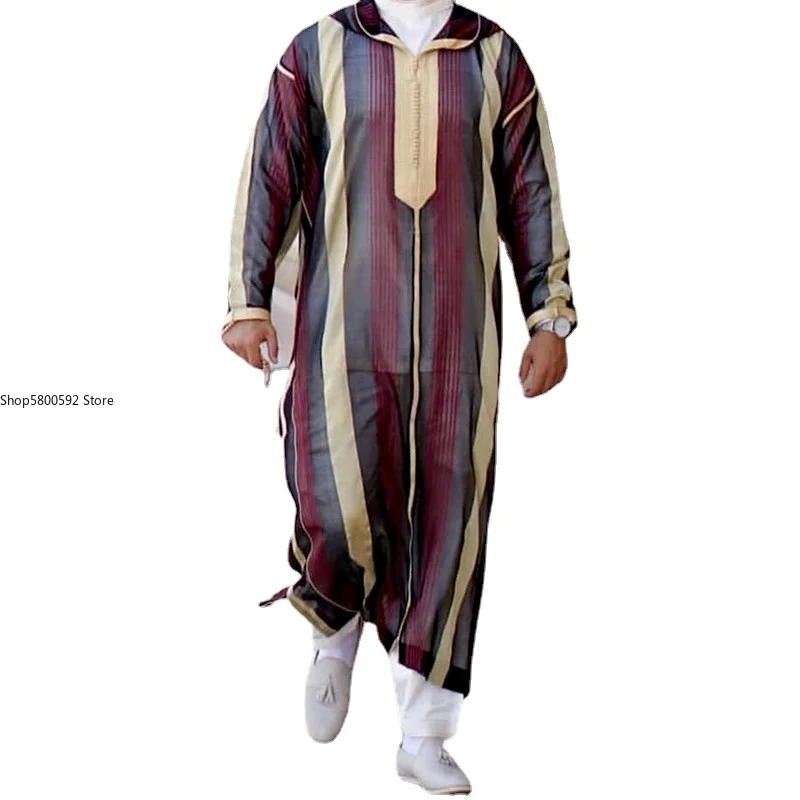 

Новинка 2022, мужская повседневная длинная рубашка в мусульманскую полоску с капюшоном, свободная футболка большого размера, традиционная Да...