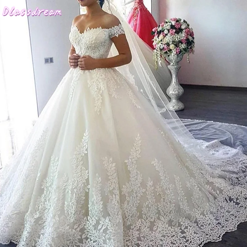 

Luxury White Wedding Dresses Appliques Off Shoulder Sweetheart Neck Ball Gown Court Train Lace-up Bridal Dress свадебное платьe