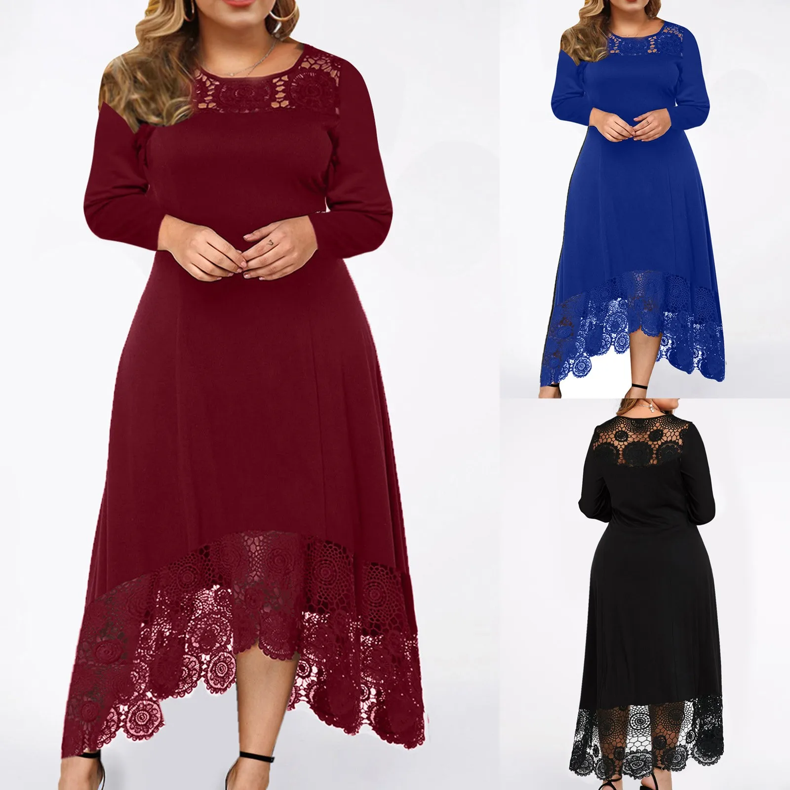 

Женское кружевное асимметричное платье, однотонное пляжное праздничное платье Бохо с длинными рукавами, элегантное свободное платье макси...