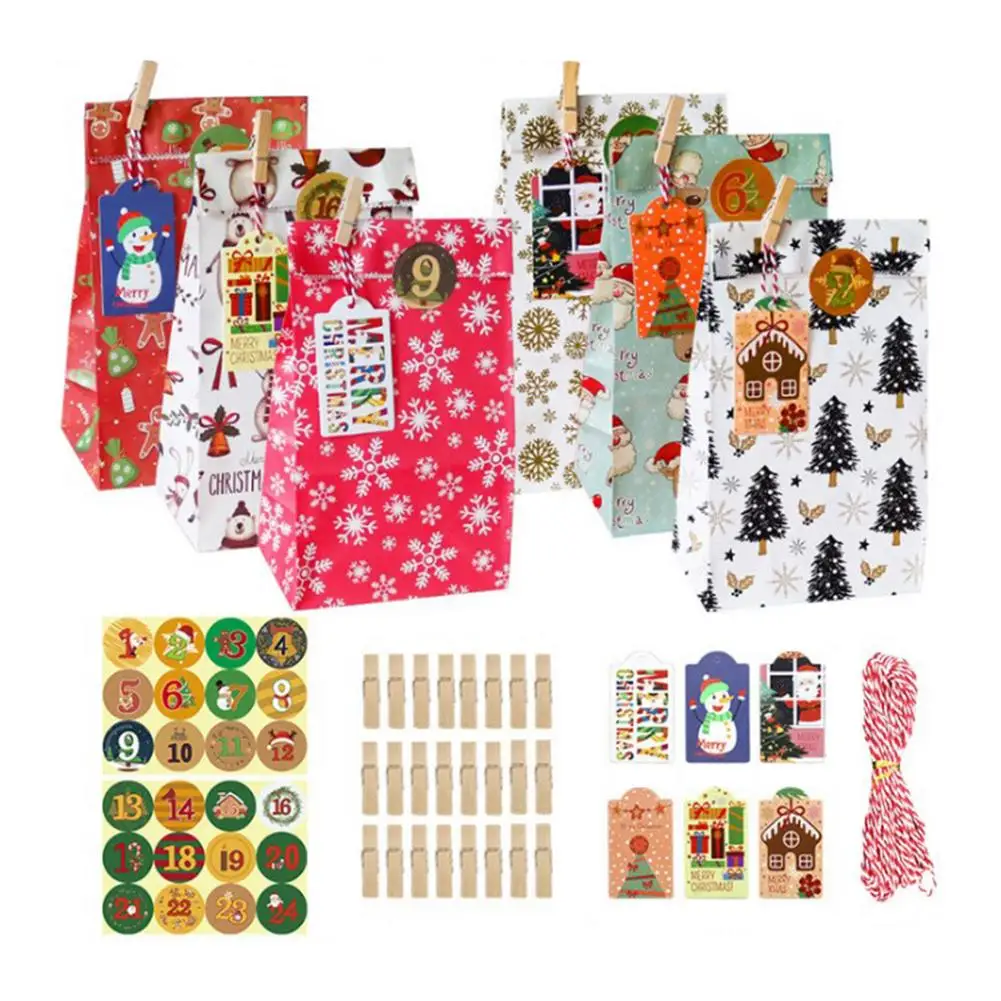 

24pcs Christmas Gift Paper Bags Christmas Countdown Gift Wrapping Bags With Assorted Christmas Prints Advent Calendar Bags For