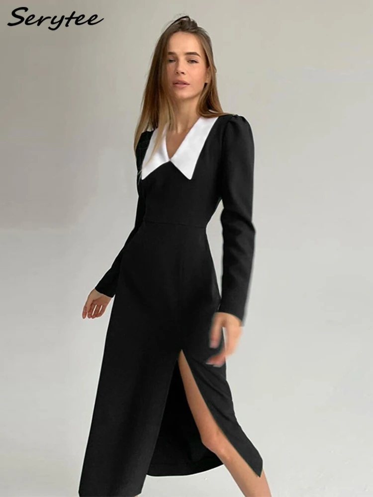 Повседневное черное платье-миди Serytee с кукольным воротником для женщин