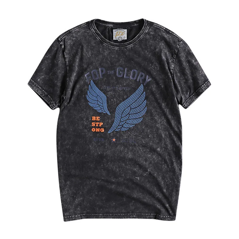 

summer trendy men's round neck short-sleeved T-shirt Wings printing pattern retro male tees cotton comfortable vintage men shirt