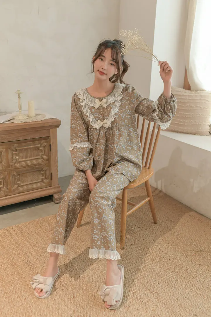 

2021 Spring/Autumn Pajamas Set Women Mori Style Rural Small Floral Printed Nightwear Cotton Round Neck Long Sleeve Loungewear