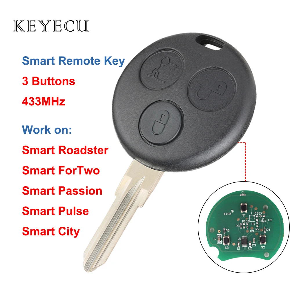Keyecu дистанционный ключ-брелок от машины 3 кнопки 433 МГц для Smart Fortwo Forfour Roadster City Passion