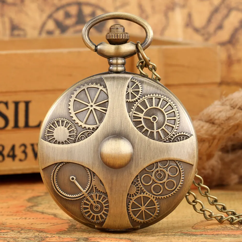 

Exquisite Gear Vintage Pattern Pocket Watch Man Women Arabic Numerals Quartz Dial Portable Clock Slim Chain Pendant Presents