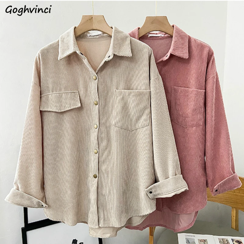 Women Blouses Corduroy Solid Casual Shirts Pockets Long Sleeve Turn-down Collar Korean Style Vintage Simple Autumn Button Up INS