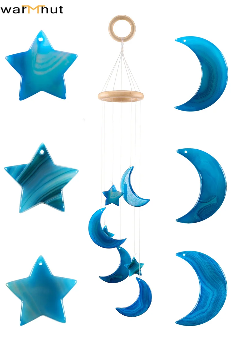 WarmHut Blue Black Raw Color Agate Slices Wind Chime Moon And Star Windchimes Wall Hanging Ornament for Garden Home Outdoor Deco | Дом и сад