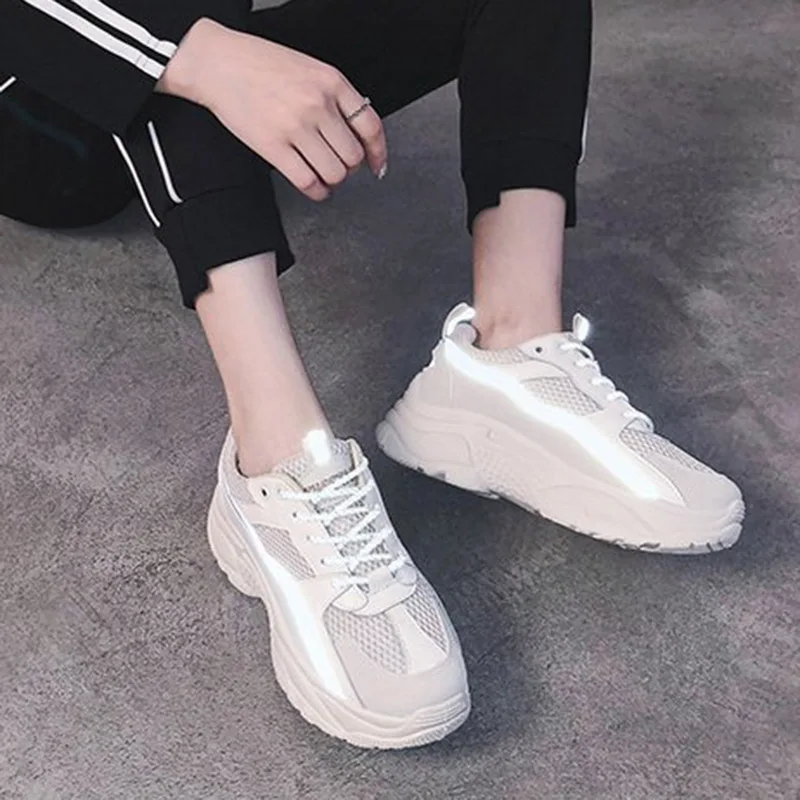 beige reflective Женская обувь для бега дышащие кроссовки из сетки для женщин уличная обувь на каблуке амортизирующая обувь тренировочная прогулочная обувь - Цвет: beige reflective