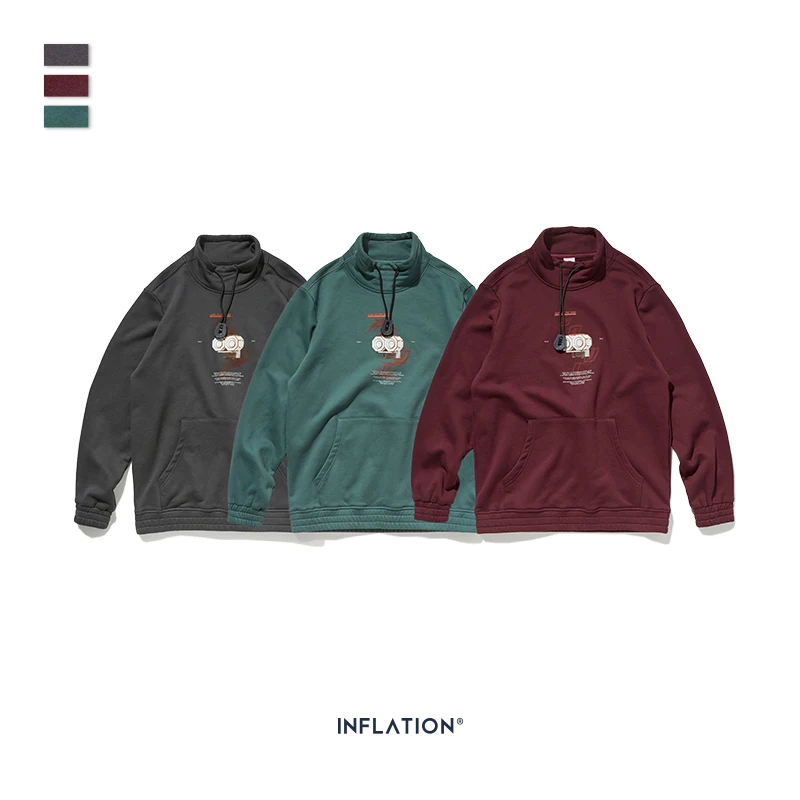 

INFLATION High-collar Winter Men Sweatshirt Loose Fit Oversized Men Sweatshirt Pouch Pocket Men Streetwear Sweatshirt 9674W
