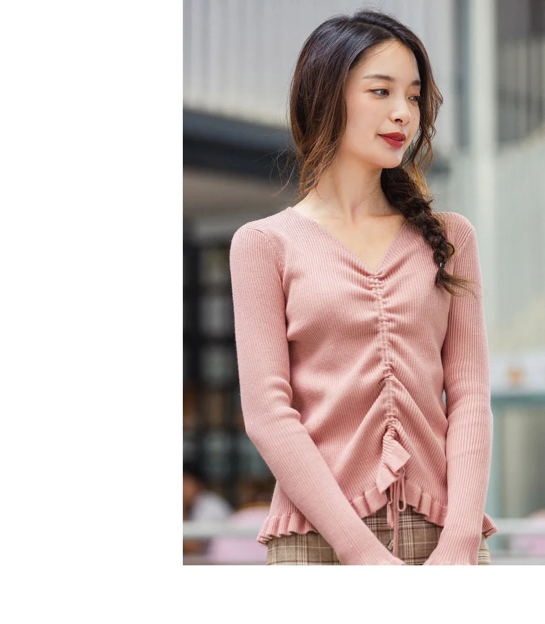 INMAN Winter Elegant Solid Color V Neck Drawstring Flower Swing Women Pullover Sweater