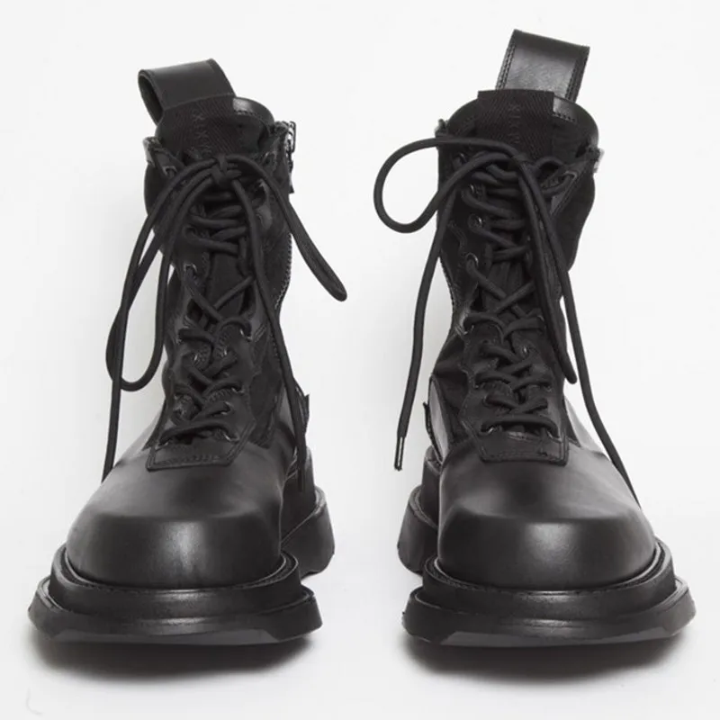 Thick Platform Height Increasing Mens Military Combat Boots High Top Genuine Leather Ankle Lace Up Moto Biker Safety Shoes | Обувь