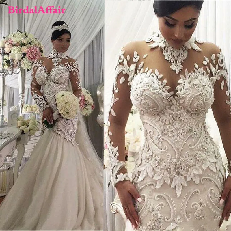 

2020 Dubai Arabic Mermaid Wedding Dresses High Neck Illusion Long Sleeves 3D Floral Appliques Lace Tiered Skirts Bridal Gowns