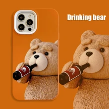 Cute Cartoon Teddy Drinks Bear Phone Case For iPhone 12 11 Pro Max X Xs Max Xr 7 8 Plus Cases Shockproof Soft Silicone Cover