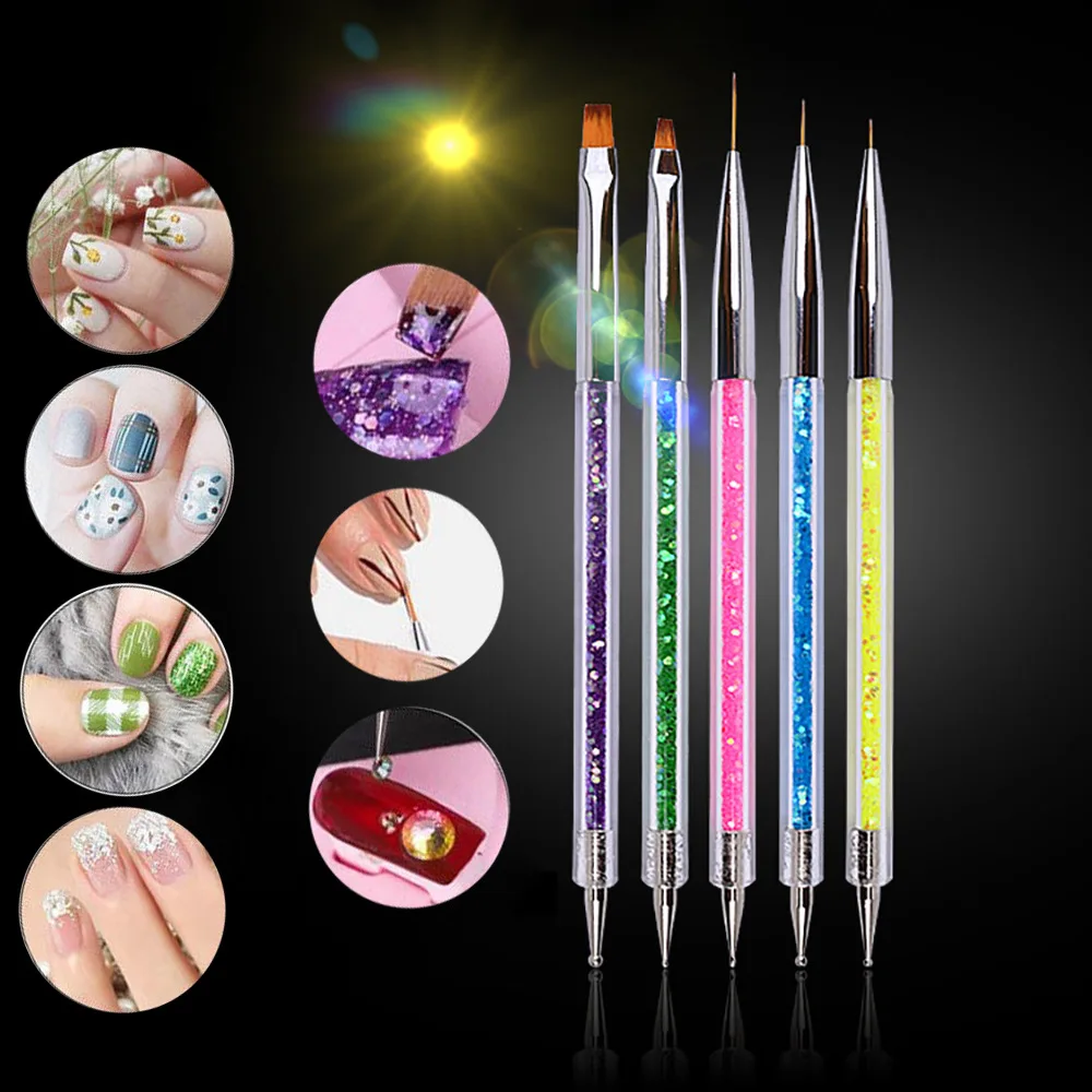 

5Pcs/set Dual End Nail Art Dotting Pen Acrylic Drawing Liner Flower Brush Rhinestone Crystal UV Gel Painting Manicure Tool