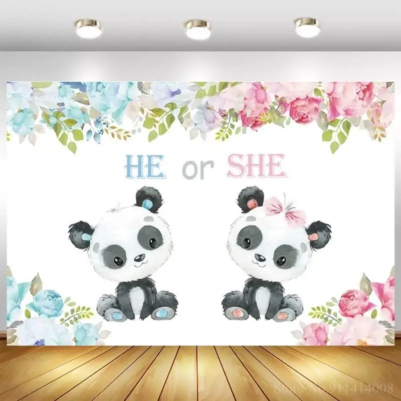 

Cartoon Panda Floral Baby Shower Backdrop For Photography Boy or Girl Gender Reveal Party Background Dinner Table Decor