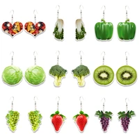 woman ear ornament green vegetable pattern printing dangle earrings
