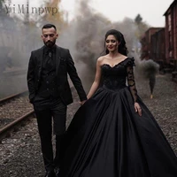 black gothic ball gown wedding dresses for bride one shoulder long sleeve sweep train appliques bridal gown vestidos de novia
