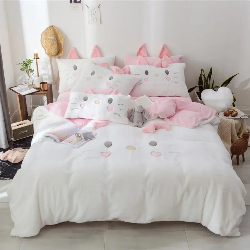 

37 White Pink Gray Winter Thick Flannel Lovely Cat Girl Bedding set Fleece Fabric Duvet Cover Bed sheet/Linen Pillowcases