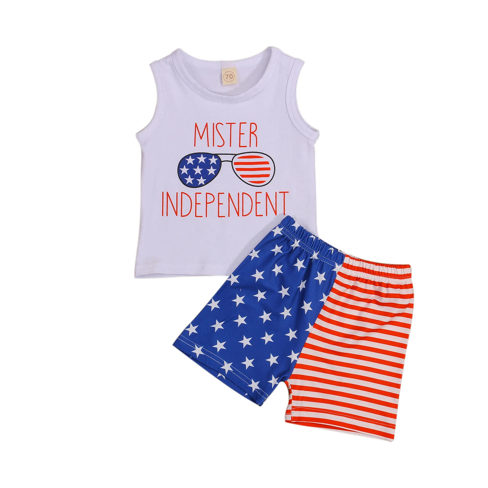

New Fashion Baby 4th of July Outfits, Funny Letter Stars Stripes Print Sleeveless Casual Tops + Short Pants Set