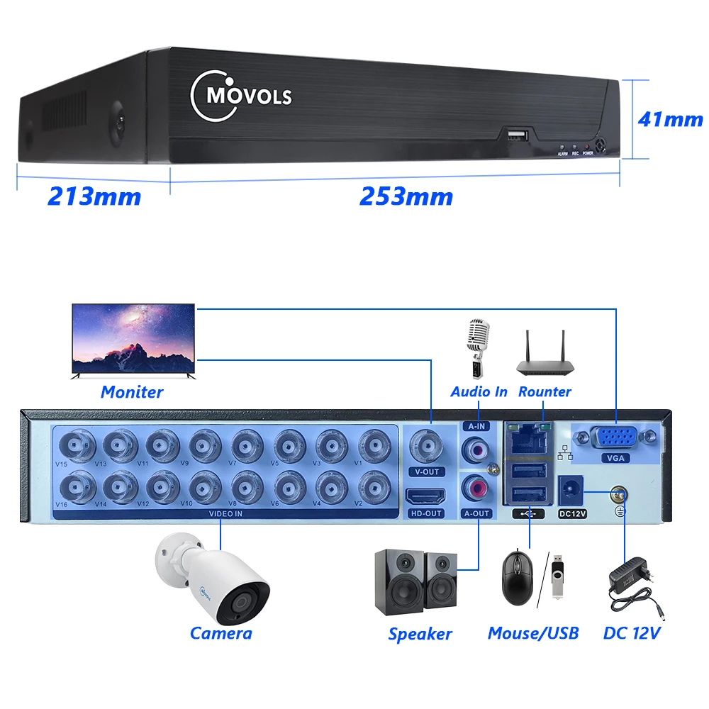 Система видеонаблюдения MOVOLS 5 МП 16 каналов H.265 XVR HD 12x5 Мп 2560x1920 | Безопасность и
