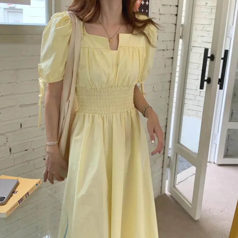 

Alien Kitty 2021 New French Retro Solid Loose Casual Chic Long Dress V-Neck Elegant Party Summer Puff Sleeve Women Vestido