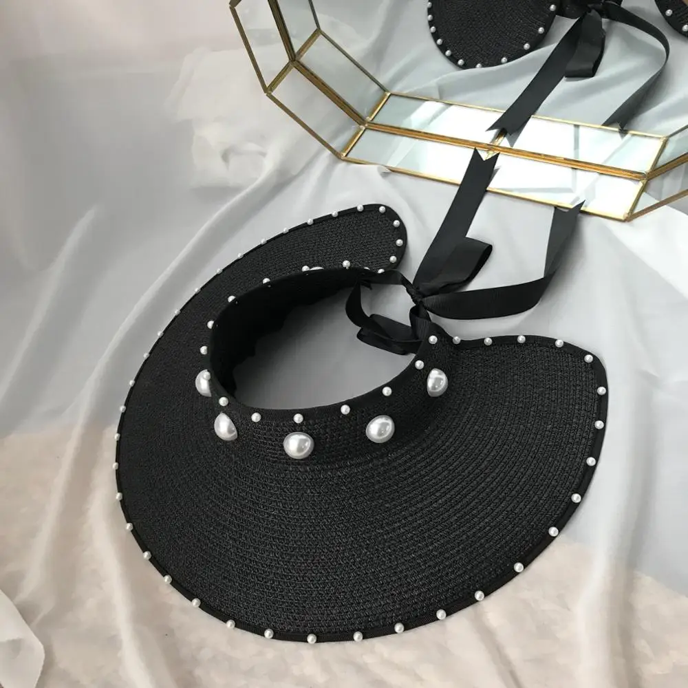 

2020 New Fashion Pearl Bow Summer Straw Hats Women Empty Top Sun Hat ladies hats Beach Panama Hats for girls Feminino