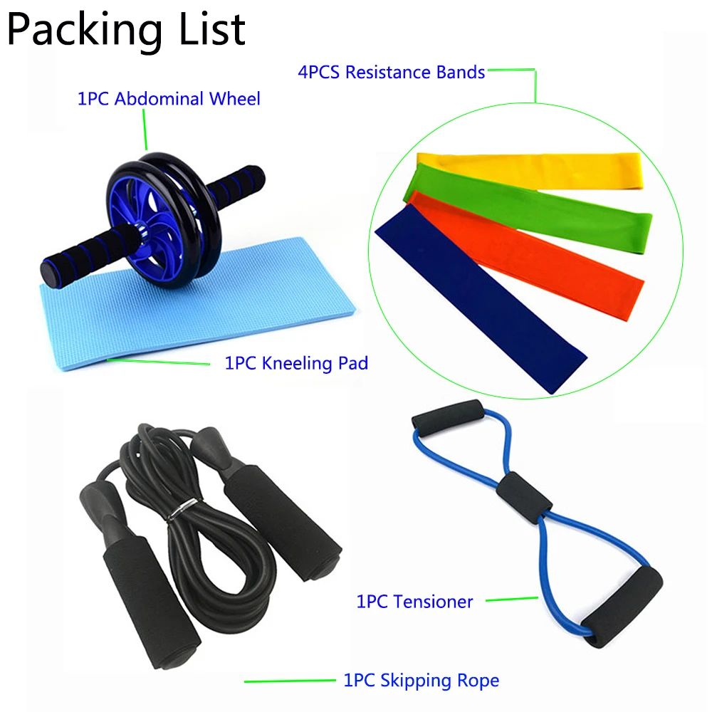 

8pcs Muscle Exercise Equipment Abdominal Roller Wheel Tensioner Resistance Bands Jump Rope Kneeling Pad Home Gym Fitness Set