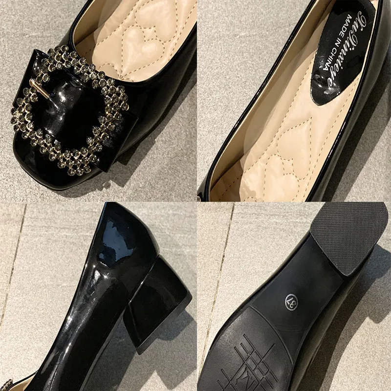 

Red Patent Leather Breathable Low-Heel Single Shoes Retro Square Toe Metal Decoration Women Office Shoes Fashion Casual Shoes