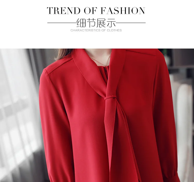 Женская блузка, офисный Топ с длинным рукавом, шифоновая блузка, blusas femininas elegante, с бантом, однотонная, с v-образным вырезом, красная одежда, женские топы 0412