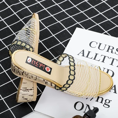 

2021 summer new wedge net slippers casual thick-soled high-heeled breathable fish mouth women's sandals and slippers