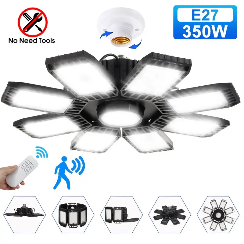 

Светодиодный гаражный светильник, 350 Вт, 360 °, деформируемый потолочный светильник s E27, 8 регулируемых панелей, подвесной светильник для скла...