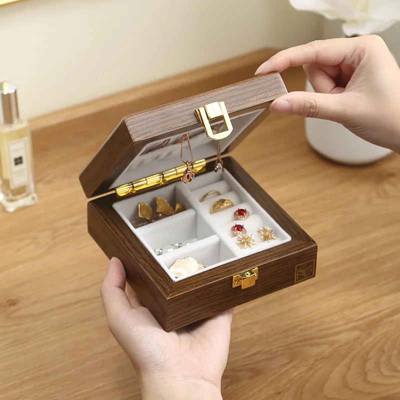 Casegrace Luxury Portable Wooden Small Jewelry Box Organizer Travel Wood Velvet  Jewellery Ring Necklace Storage Case Casket