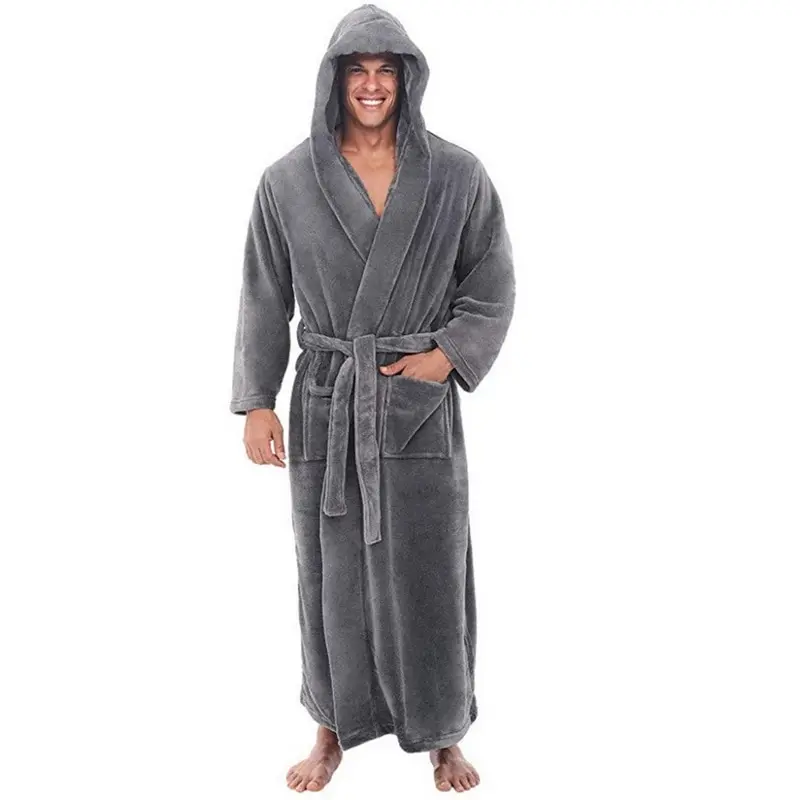 

Casual Mens Bathrobes Flannel Robe Hooded Long Sleeve Couple Men Woman Robe Plush Shawl Kimono Warm Male Bathrobe Coat