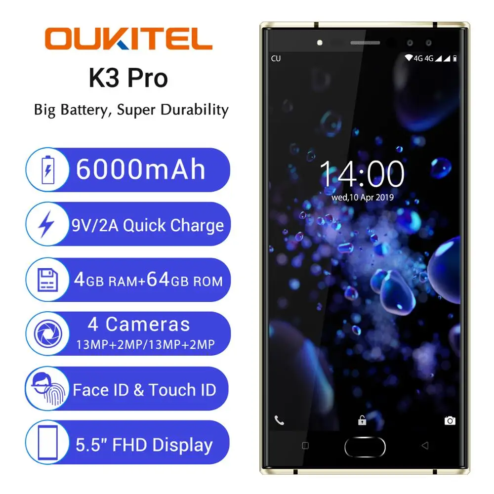 Смартфон Oukitel K3 Pro 4 Гб + 64 ГБ 5 5-дюймовый двойной экран 2.5D Восьмиядерный мобильный