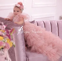 sweet lovely flower girl gowns puffy fully pleated tiered ruffles tulle dressing for kids shiny princess long party dresses