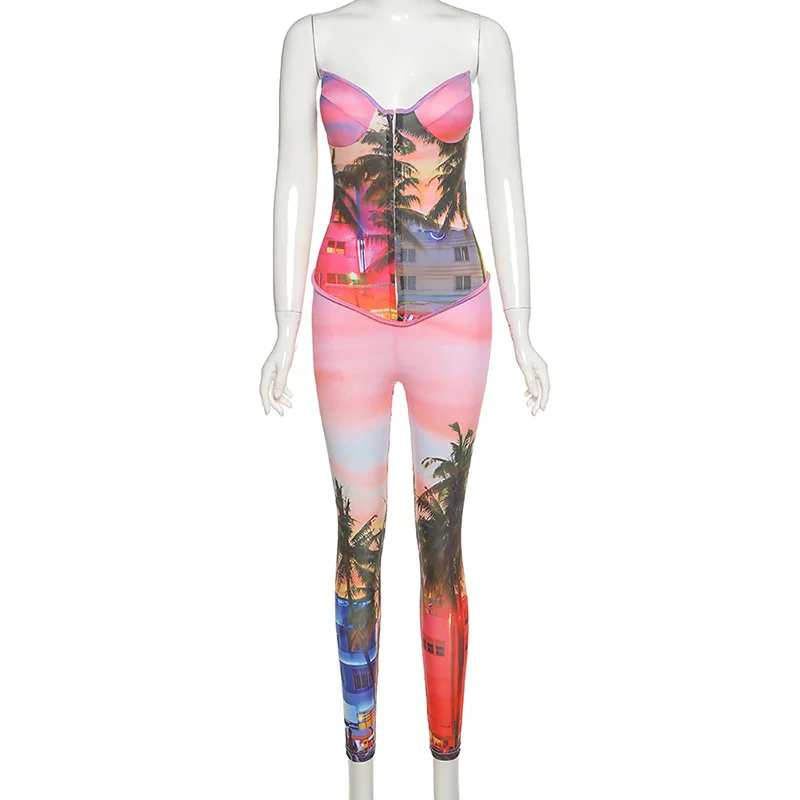 

ANJAMANOR Sexy Printed Corset Top Jumpsuit Spring Summer 2021 Vacation Club Outfits for Women Clothing Bodycon Rompers D87-DC20