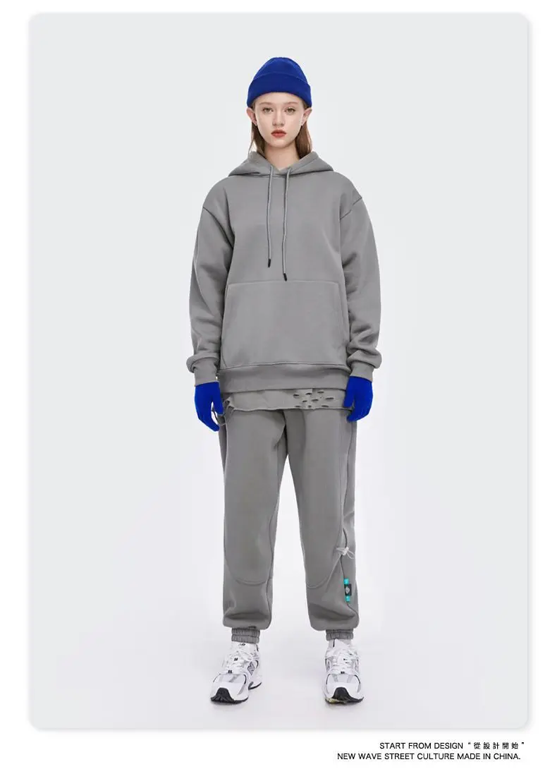 

Fleece Sweater Men's Hooded Autumn and Winter New Loose Solid Color Large Size Hip-hop Blank National Trend Pullover