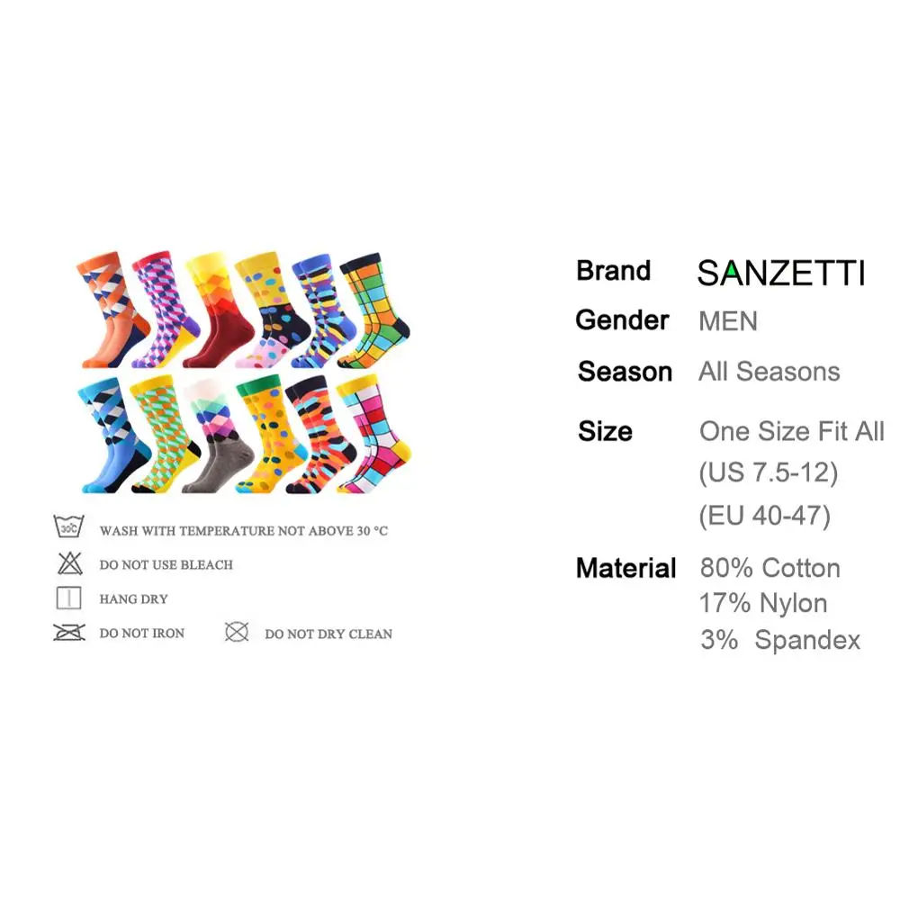 SANZETTI, 12 пар/партия,, забавные мужские цветные носки из чесаного хлопка, рисунок страуса, акулы, новинка, повседневные носки, свадебные носки