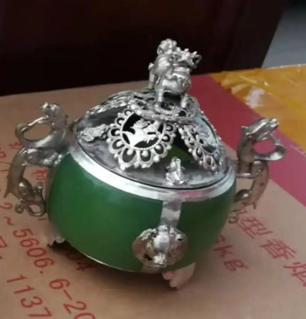 

Collection of rare sculpture animals handicrafts household kettle ancient kettle green double dragon Silver Lion incense burner
