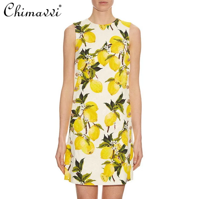 

Freshing Mini Dress Women 2021 Summer Lemon Printing Double Breasted Simple Dress Round Neck Sleeveless Elegant Short Dress