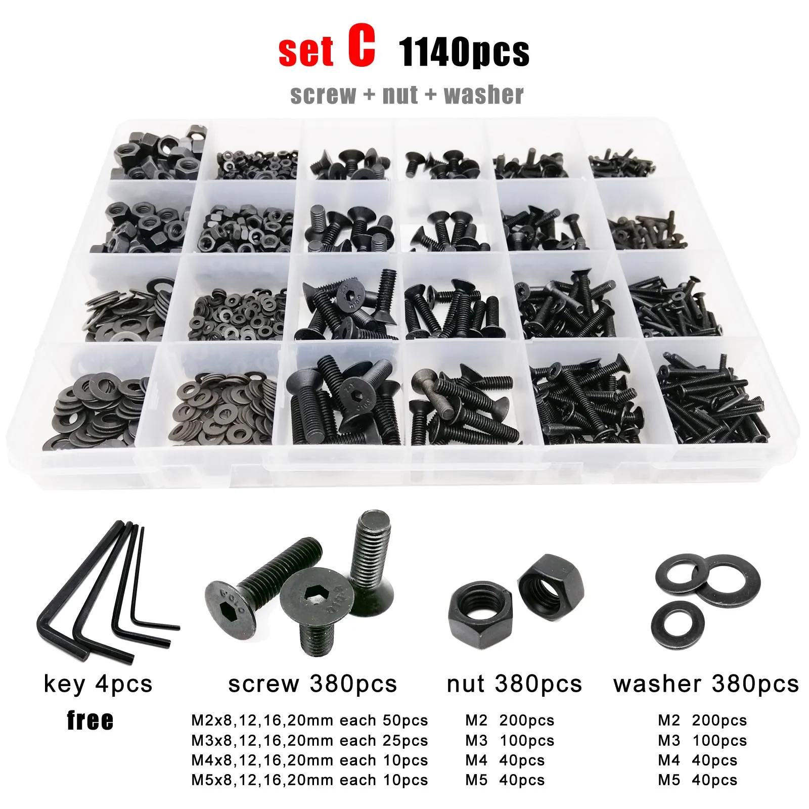 400/2100pcs M1.6 M2 M2.5 M3 M4 M5 Black Grade 10.9 Steel Hex Hexagon Socket Flat Countersunk Head Screw Bolt Nut Washer Set Kit |