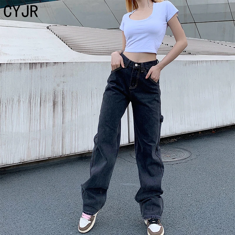 

CYJR Fashion 2020 New Smoke Grey Bf Retro Casual High Waist Wide Legs Ins Straight Barrel Baggy Jeans For Women