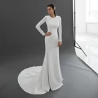 Женское свадебное платье до пола, белое однотонное платье с длинным рукавом, круглым вырезом и открытой спиной, свадебное платье со шлейфом