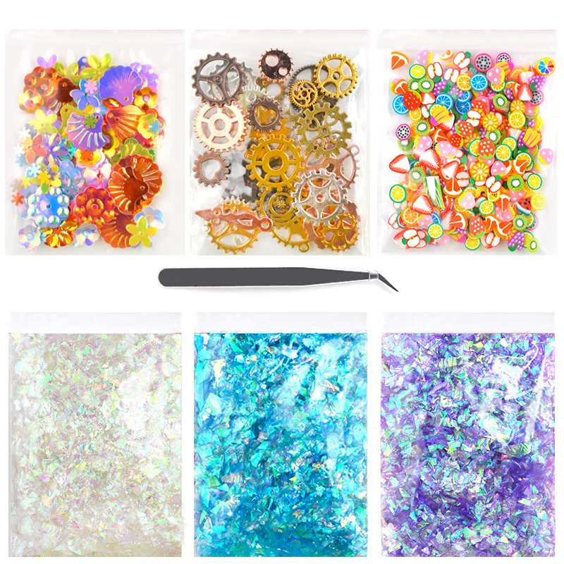 

DIY Epoxy Mold Material Package Dried Flower Gold Foil Paper Fruit Slice Sequin Shell Paper Gear Epoxy Decoration