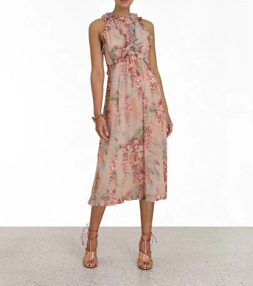 

High Quality Luxury Summer Sexy Women's Holiday Leaf Flower Printed Wood Ears Round Neck Waist Sleeveless Vest Dress