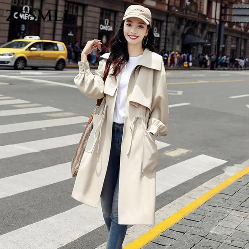 

ZCSMLL Turn-down Collar Trench Coat for Women Long Sleeve Solid Color Korean Fashion 2021 New Autumn Winter Loose Jacket