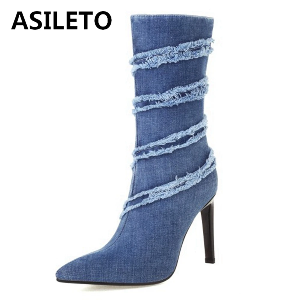 

ASILETO 2021 осенний дизайн рваные джинсовые ботильоны с острым носком на шпильке на высоком каблуке с молнией внутри маленький большой размер ...