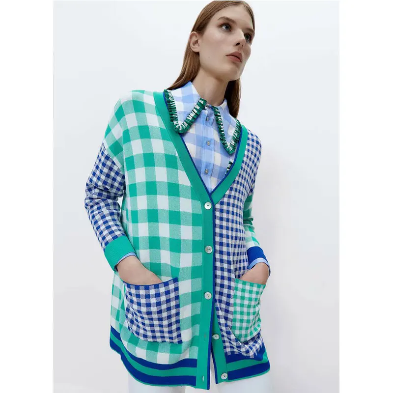 

Женский трикотажный кардиган Nlzgmsj Za, винтажный трикотажный кардиган с V-образным вырезом и длинным рукавом, модель 2021, 202108