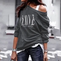 2020 new love gray womens one shoulder tops casual letter print long sleeve t shirts female plus size spring autumn clothes