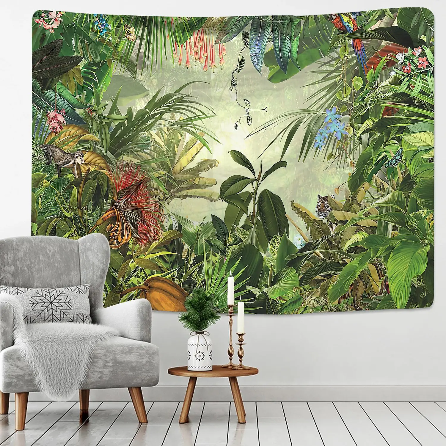 

Tropical Rainforest Tapestry Wall Hanging Tropical Leaves Flowers Pattern Beach Wall Tapestry Animal Bird Home Decoration Wall